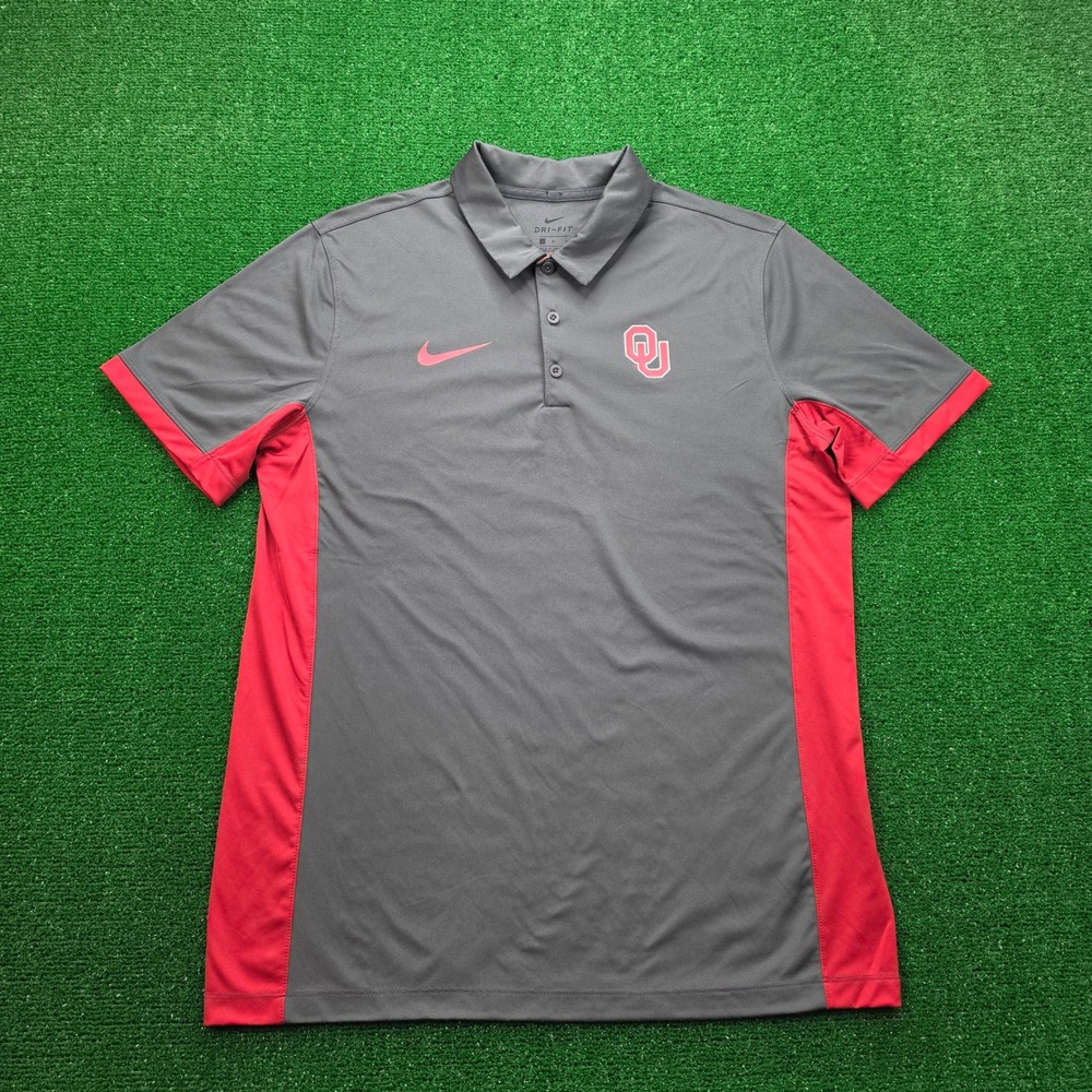 Nike Dri Fit Oklahoma Sooners Polo Shirt Mens Large Gray Red Performance NCAA